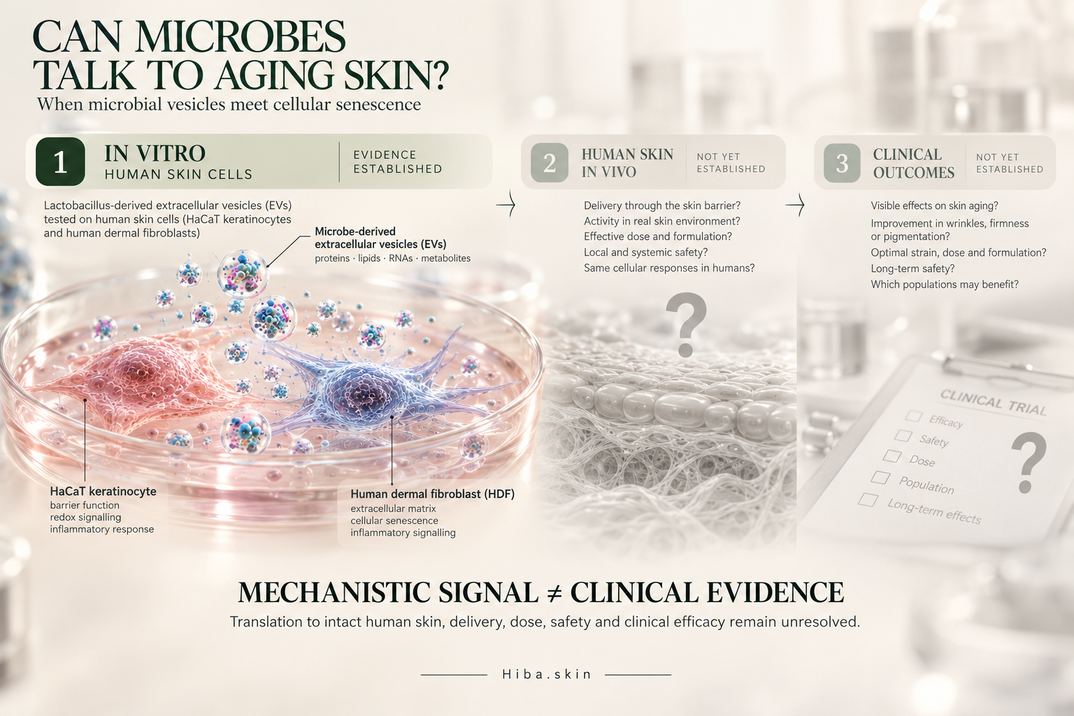 Evidence boundary infographic from in vitro findings to unresolved human and clinical outcomes