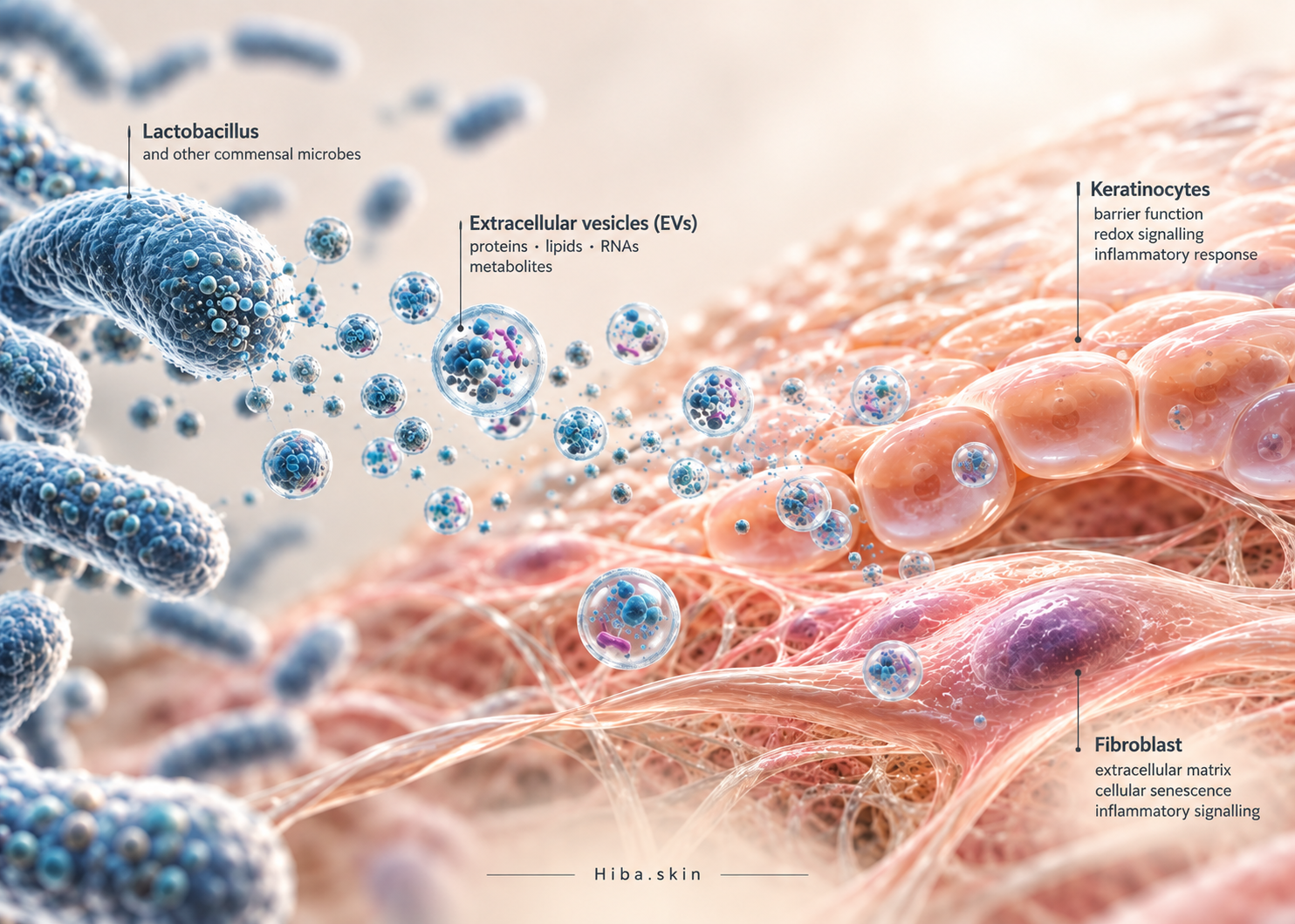 Conceptual illustration of microbial extracellular vesicles and skin cells